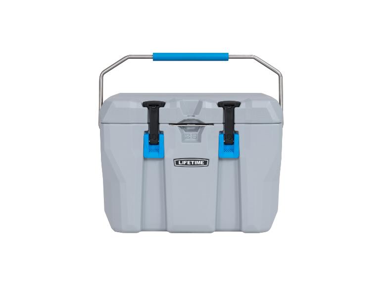 Graue Kühlbox mit blauen Akzenten und Metallgriff.