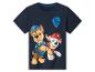 Dunkelblaues Kinder-T-Shirt mit Paw Patrol Chase und Marshall Aufdruck und blauem PP-Abzeichen.