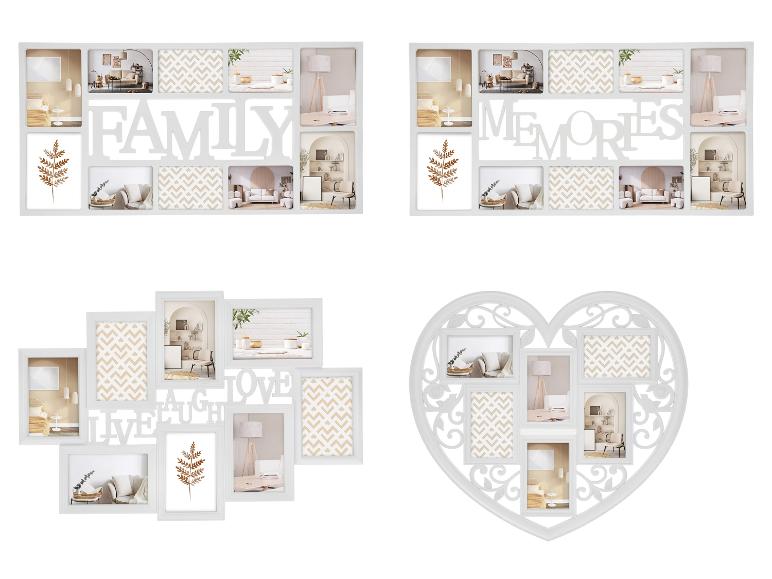 Vier weiße Fotorahmen mit den Schriftzügen „FAMILY“, „MEMORIES“, „LIVE LAUGH LOVE“ und ein herzförmiger Rahmen.