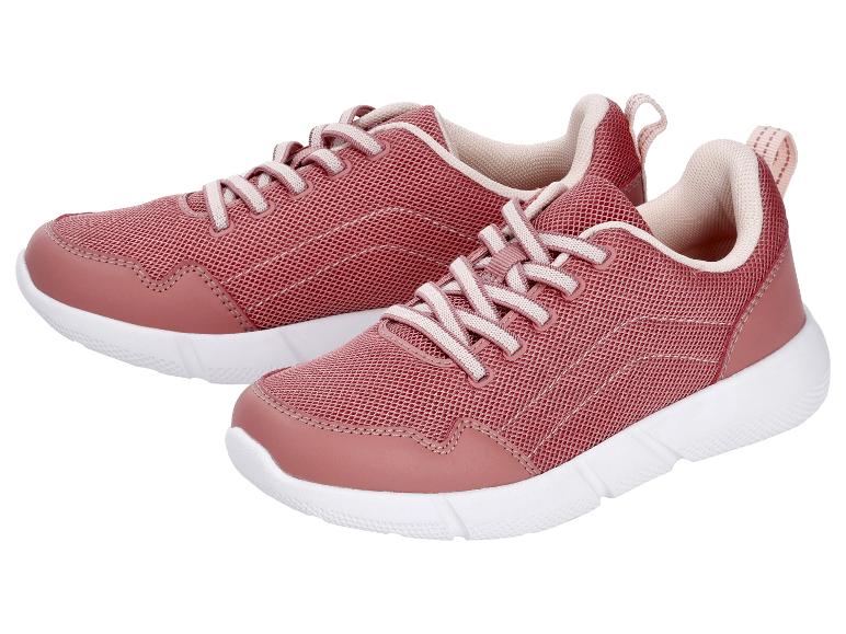 Ein Paar rosa Sportschuhe mit weißen Schnürsenkeln und weißen Sohlen.