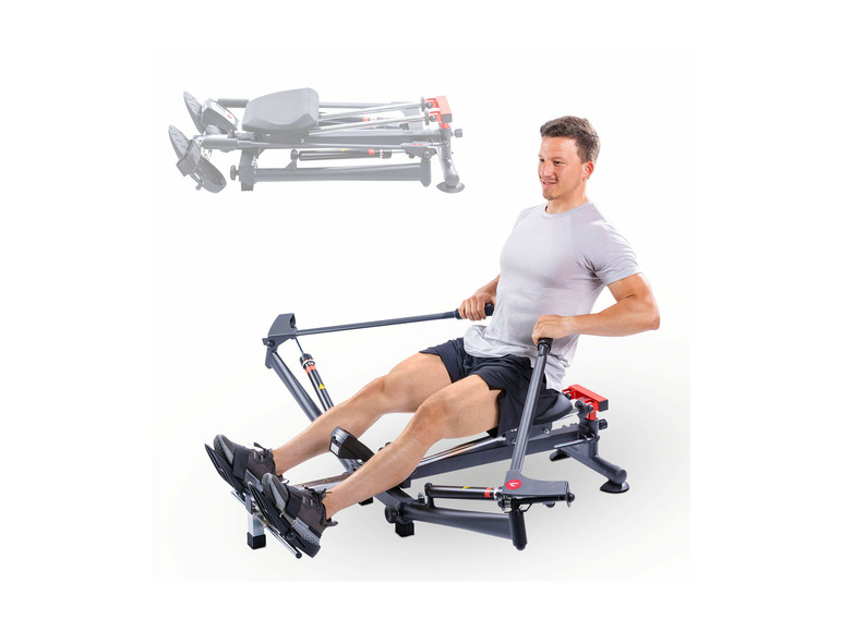 Ein Mann trainiert auf einem Heim-Rudergerät.