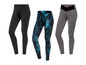 Drei Leggings: schwarz, grau mit Muster und dunkelblau mit Muster.