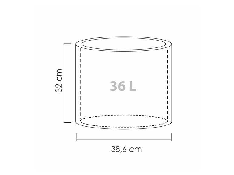 Ein zylindrischer Behälter mit einem Durchmesser von 38,6 cm und einer Höhe von 32 cm, mit einem Fassungsvermögen von 36 Litern.