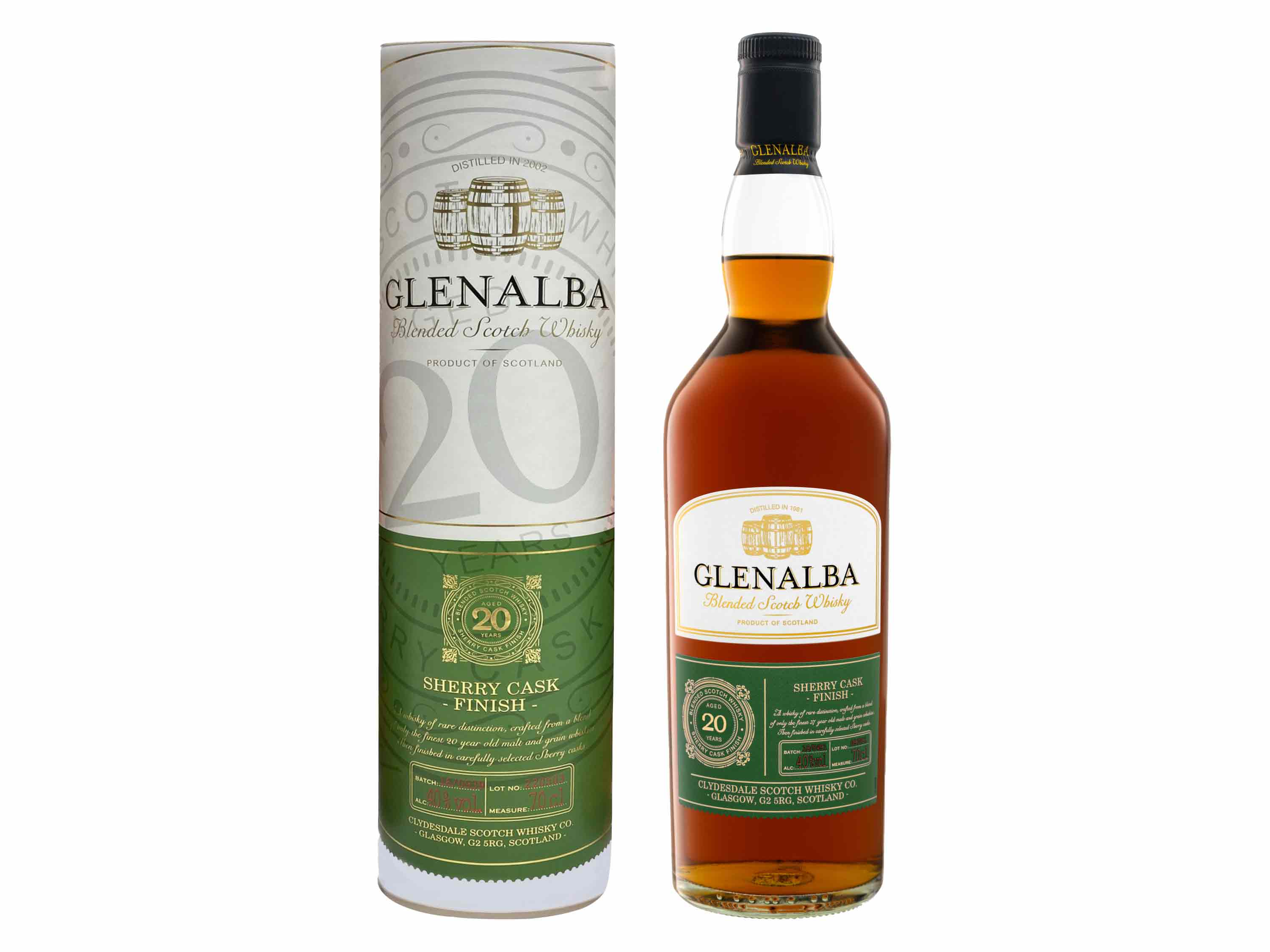 Glenalba Blended Scotch Whisky Sherry Cask Finish 20 Jahre mit Geschenkbox 40% Vol