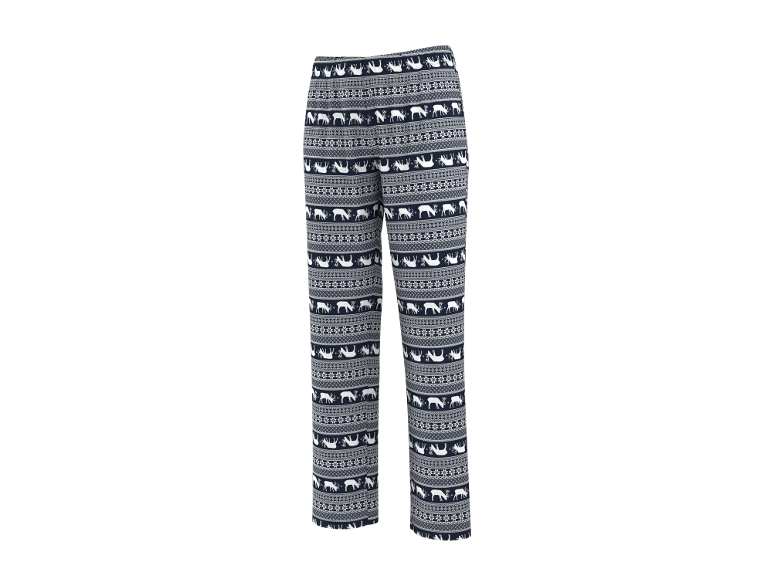 Blaue Herren-Pyjamahose mit weihnachtlichem Hirsch- und Schneeflockenmuster.