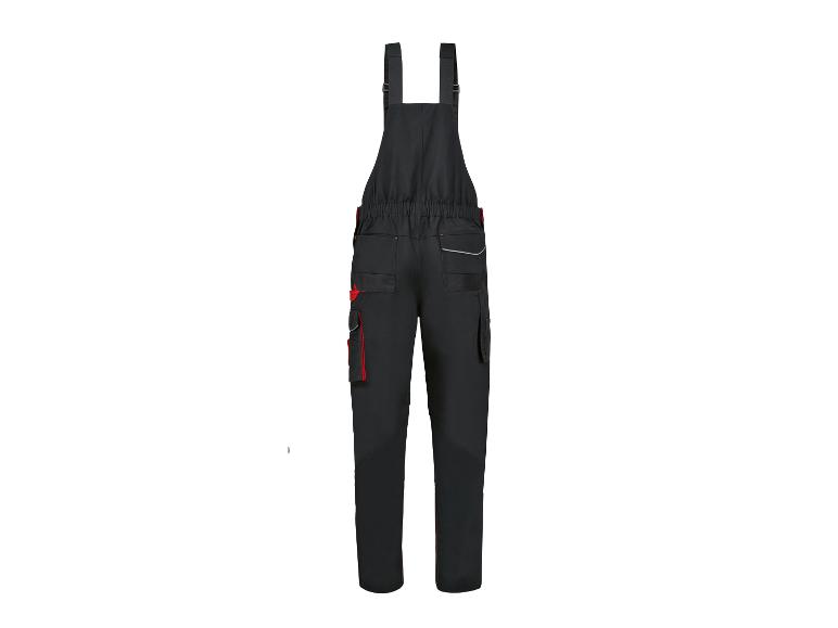 Schwarze Arbeitskleidung mit roten Details, Latzhose