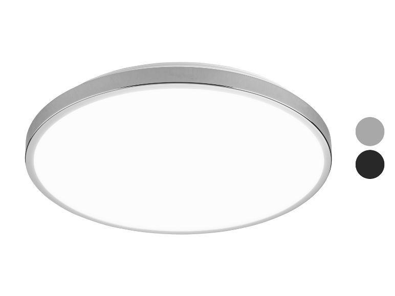 Runde LED-Deckenleuchte mit silbernem Metallrahmen und zwei grauen und schwarzen Farbpunkten.