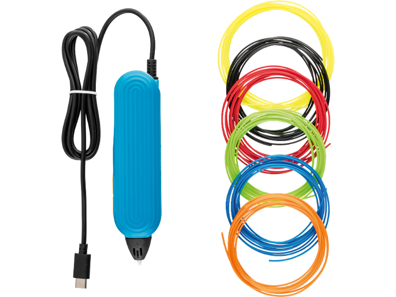 Blauer 3D-Druckstift mit USB-Kabel und farbigen Filamentrollen