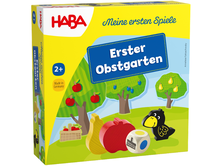 Kinderspiel mit Holzfiguren von Früchten und einem Raben
