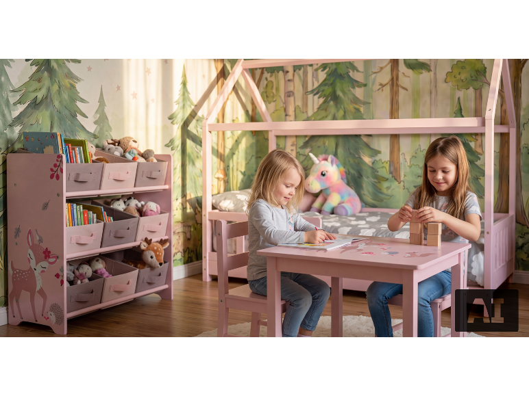 Zwei Mädchen spielen in einem rosa Kinderzimmer mit Hausbett und Spielzeugregal.