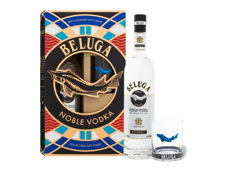 Wodka-Geschenkset mit Flasche, Glas und Fischmotiv, Text: „BEST CONSUMED WITH CAVIAR“.
