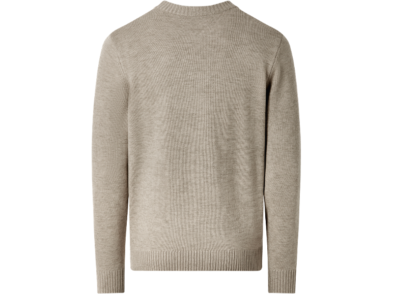 Feingestrickter Herrenpullover in Hellbeige mit Rundhalsausschnitt.