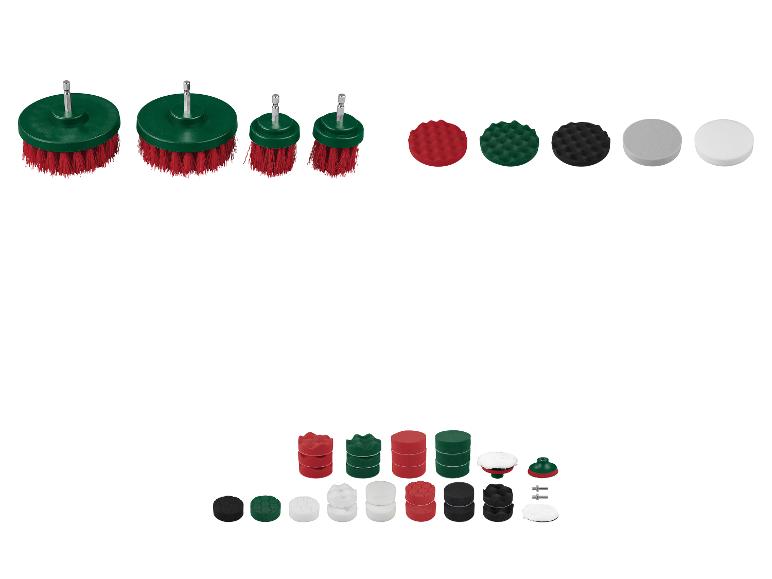 Set aus Reinigungs- und Polierbürsten sowie Schwämmen in verschiedenen Größen und Farben.