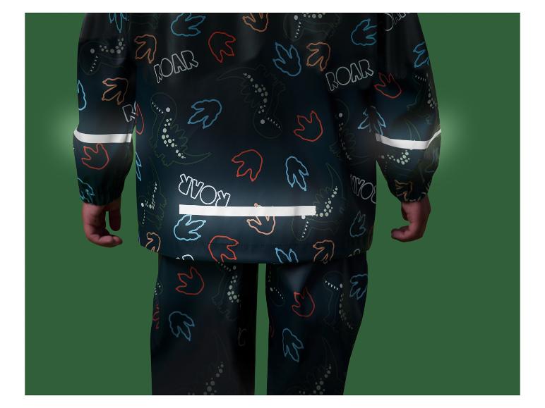 Kinder-Regenanzug mit Dinosaurier-Print und reflektierenden Streifen.