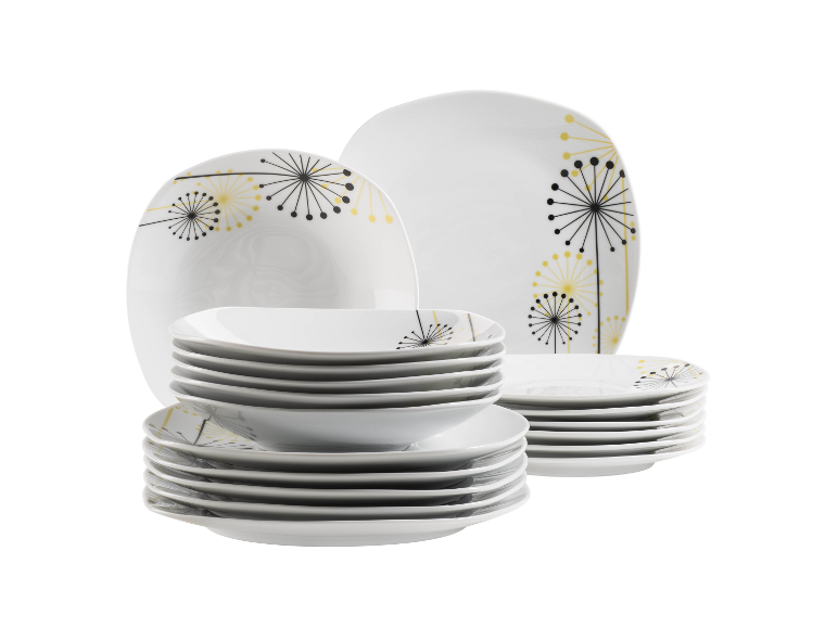 Weißes Geschirr mit schwarzem und gelbem Pusteblumen-Design, inklusive Tellern und Schalen.