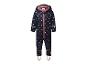 Dunkelblauer Kinderoverall mit rosa Herzchenmuster und Reißverschluss