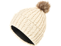 Beige Strickmütze mit Kunstfellbommel.