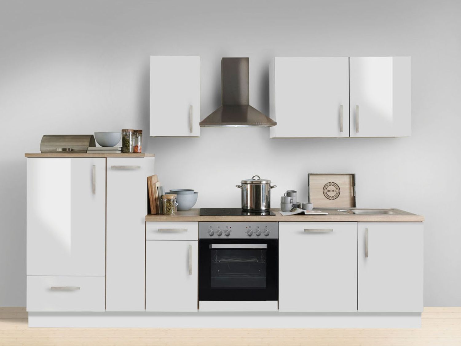 Menke Küchenblock Premium 270/280/300/310cm (mit Geschirrspüler, 300 cm / Weiss glanz, Frei Bordsteinkante) | 04039354116545