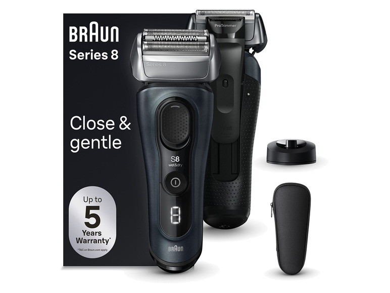 Braun Series 8 Elektrorasierer mit Ladestation und Etui.