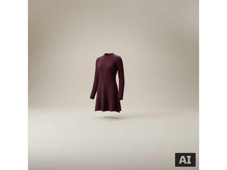 Burgunderrotes Feinstrickkleid mit langen Ärmeln und Rippenstruktur auf hellem Hintergrund.