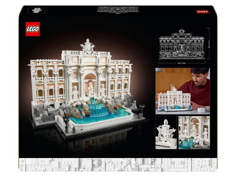 LEGO Architecture Trevi-Brunnen-Set auf der Verpackung, mit Maßen und Details.
