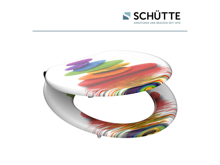 Ein weißer Toilettensitz mit einem Regenbogen-Design.
