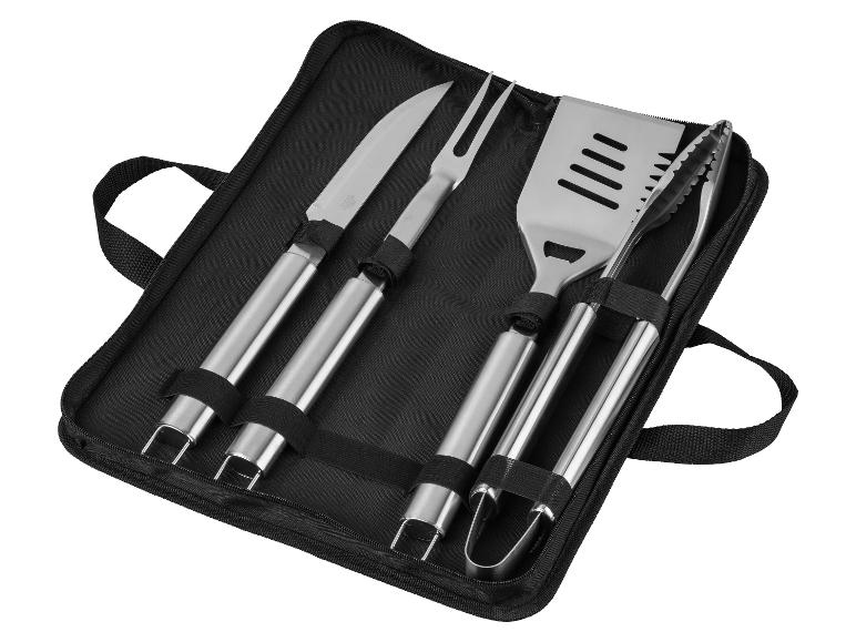 Grill Meister Grillbesteck-Set in Etui: Spatel, Gabel, Messer und Zange.