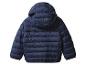 Blaue Daunenjacke für Babys mit Kapuze.