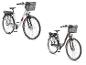Zwei E-Citybikes, ein weißes und ein dunkelgraues, mit Frontkörben und Gepäckträgern.