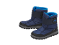 Ein Paar blaue wasserdichte Kinder-Schneestiefel mit Klettverschluss.