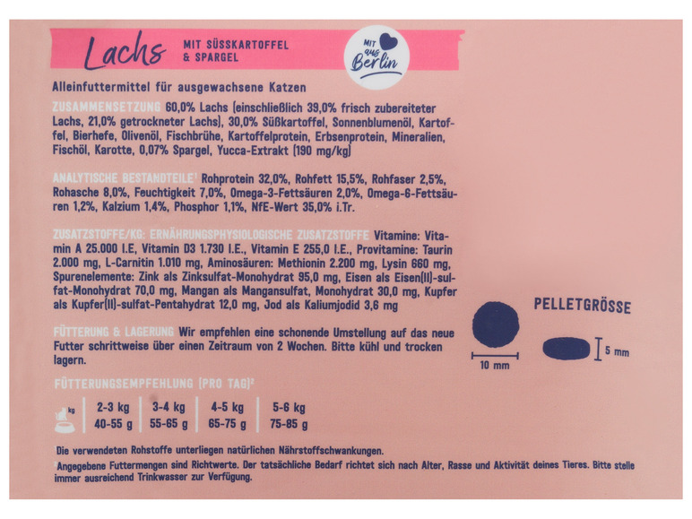Gehe zu Vollbildansicht: PetsDeli Adult Premium Trockenfutter Sensitiv Lachs mit Süsskartoffel & Spargel für Katzen, 2 x 400 g - Bild 4