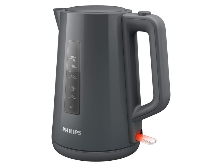Ein grauer Wasserkocher von Philips.