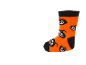Orangene Halloween-Socke mit schwarzen Bündchen und weißen Kürbisgesichtern.