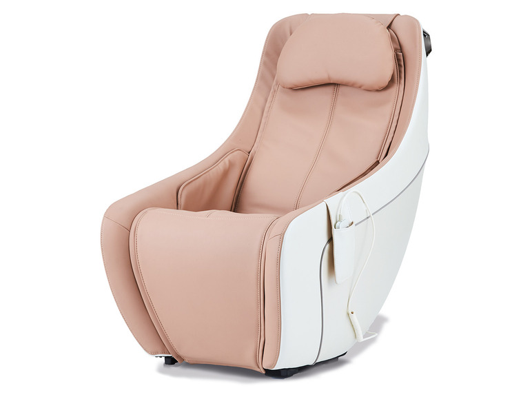 Ein beiger Massagesessel mit weißem Gestell.