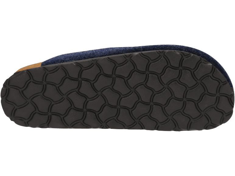 Schwarze Antirutschsohle eines marineblauen Filzpantoffels
