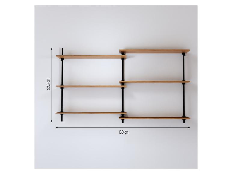 Holzwandregal mit schwarzen Metallstützen, Maße 92,5 cm x 160 cm.