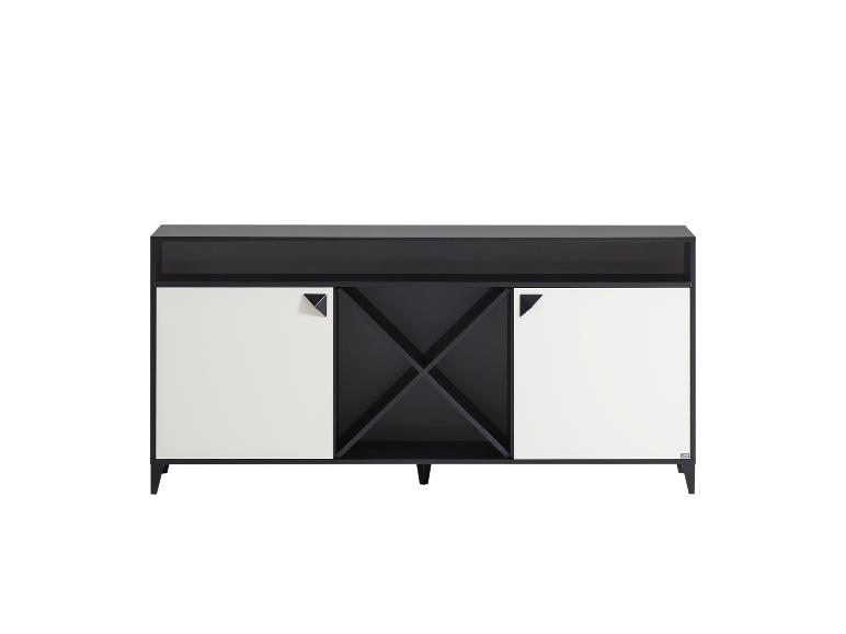 Schwarz-weißes Sideboard mit Weinfach und Türen.