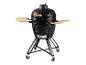 Schwarzer Kamado-Grill mit Holz-Seitenablagen und Rollen