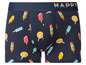 Dunkelblaue Boxershorts mit einem 'Happy'-Bund und einem Muster aus Eis am Stiel und Zitronen.