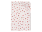 Weißes Spannbettlaken mit verstreutem rosa Blumenmuster, eine Ecke gerafft.