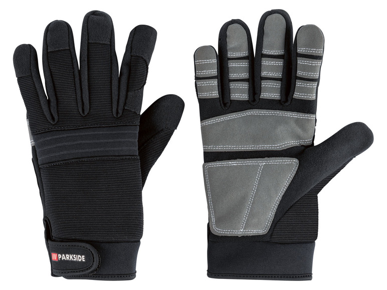 Zwei schwarze Arbeitshandschuhe von Parkside mit grauen Details.