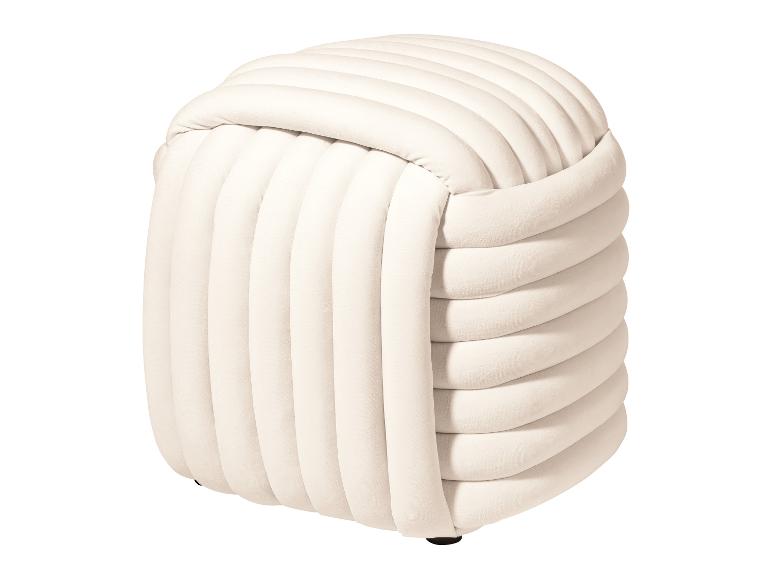 Cremefarbener, gerippter, zylindrischer Pouf mit geflochtenem Oberteil.