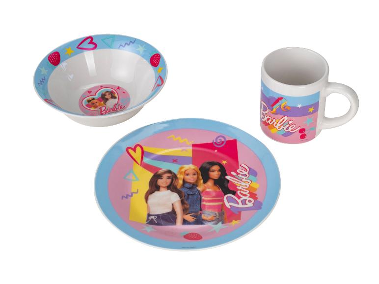 Barbie Geschirrset mit Teller, Schüssel und Tasse, mit Charakteren und bunten Designs.