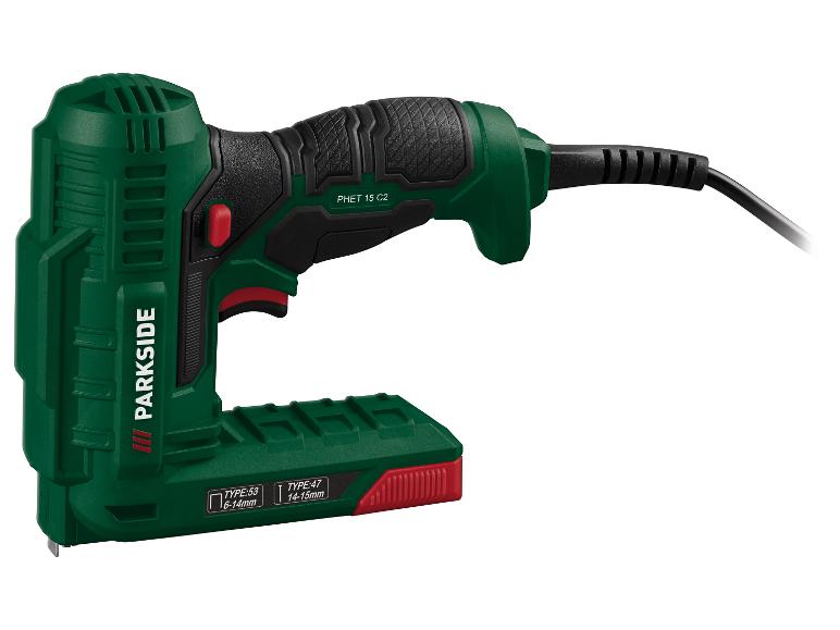 Elektrischer Tacker in Grün und Schwarz, mit Kabel, für Klammern Typ 53 (6-14mm) und Nägel Typ 47 (14-15mm).