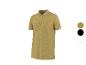 Herren-Kurzarm-Poloshirt in Senfgelb mit weißen Streifen an Kragen und Ärmeln.