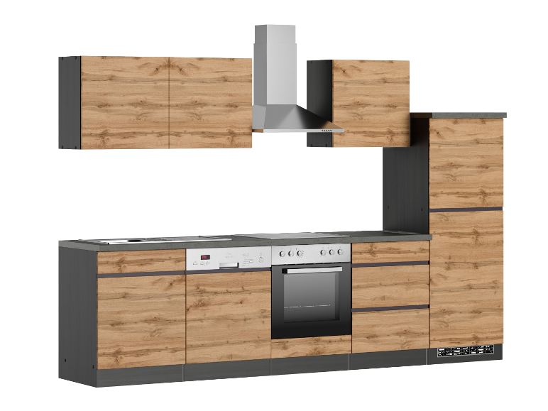 Moderne Küche mit eingebautem Backofen und Induktionskochfeld.
