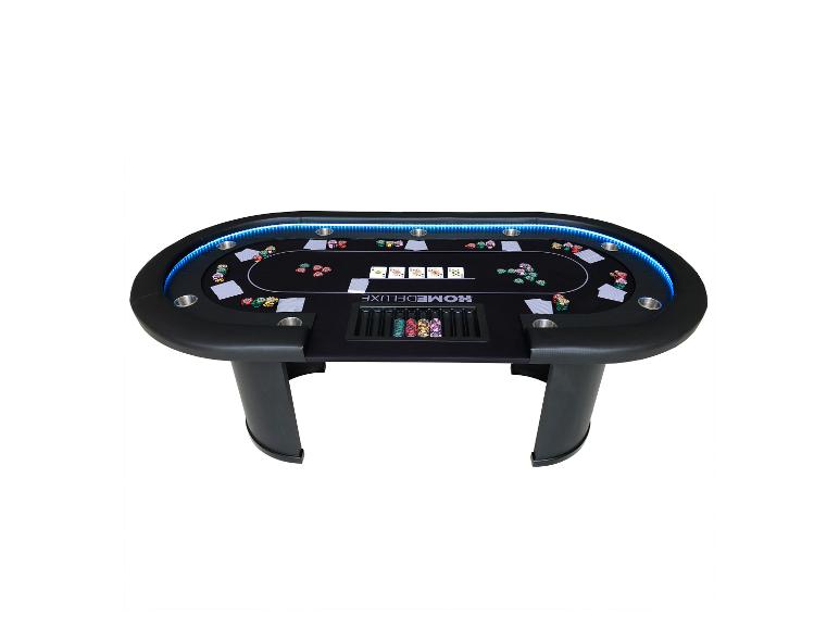 Schwarzer Pokertisch mit blauer LED-Beleuchtung, Chips und Karten.