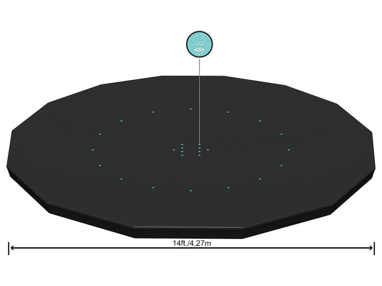 Eine schwarze runde Abdeckung für einen Pool mit einem Durchmesser von 4,27 Metern.