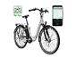 Elektrofahrrad mit Smartphone, das eine Navigations- und Fahrdaten-App anzeigt.