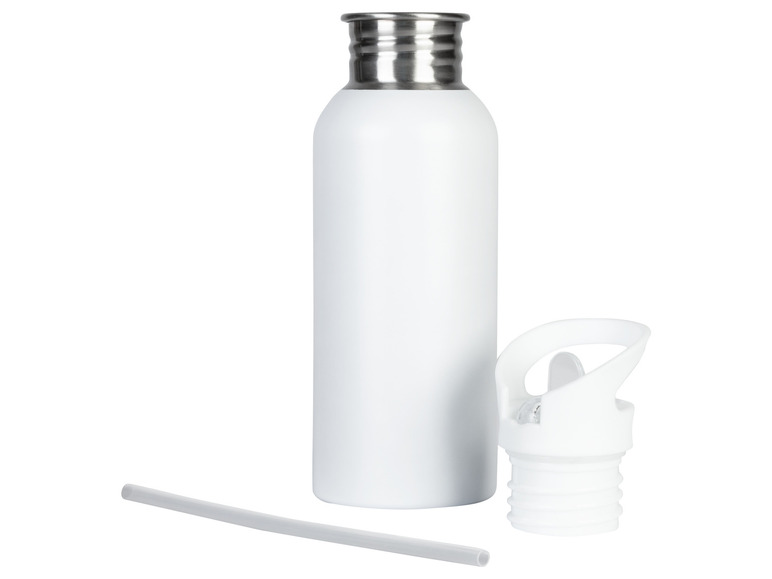 Eine weiße Wasserflasche mit einem Strohhalm und einem Deckel